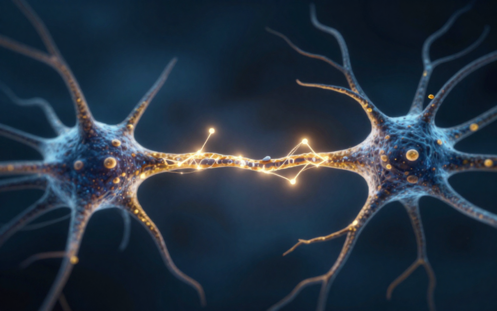 Ilustración de una sinapsis neuronal representando la transmisión relacionada con la memoria