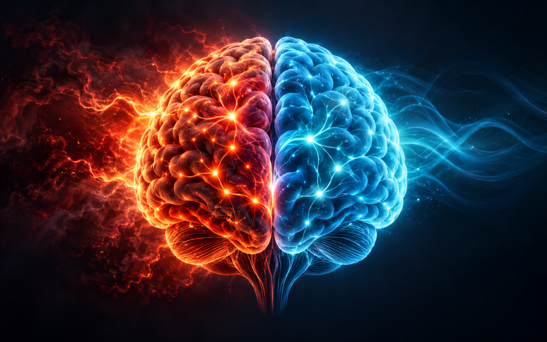 Illustration of the contrast between stress and calm in the brain
